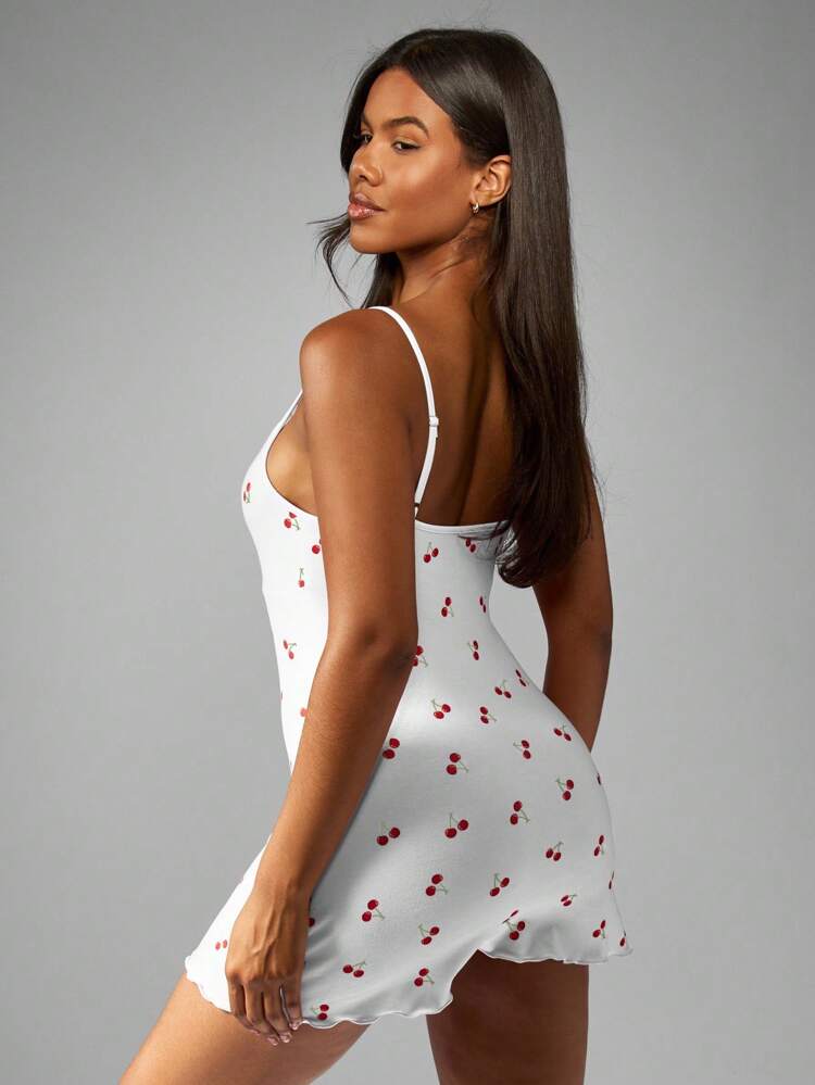 MISSGUIDED Cherry Print Night Dress Plunge Neck Mini Sleep Dress With Lace Trim Button Front Spaghetti Strap Summer Spring Sleepwear Nightgown