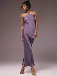 MUSERA Đầm maxi satin dáng suông cổ yếm bằng tre, thích hợp cho kỳ nghỉ hè, tiệc tùng, dự đám cưới, sinh nhật, câu lạc bộ, tiệc brunch gợi cảm, đi chơi trên du thuyền, tiệc tùng, thanh lịch, Ibiza, dịp đặc biệt, nữ tính, dễ thương. - Màu tím - Xem 5