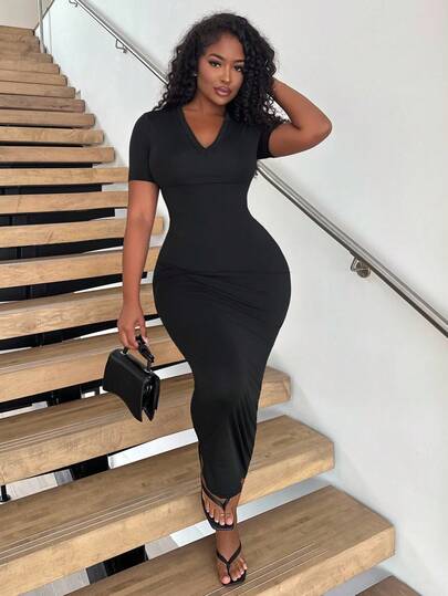 Alexandranx 女士纯色 V 领紧身短袖连衣裙 Hoco Dresses