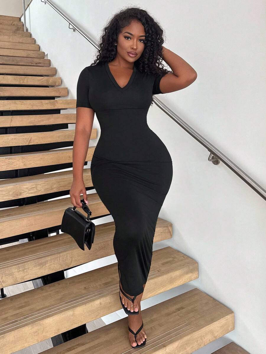 Alexandranx 女士纯色 V 领紧身短袖连衣裙 Hoco Dresses - 黑色 - 查看 1