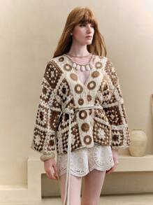 Revavyn 女士钩针几何图案落肩宽松针织开衫，女士度假装扮，女士沙滩装扮，女士外出上衣，女士夏威夷装扮，女士服装，女士邮轮装扮，沙滩装，女士度假装，女士和服秋季服装，女士秋季穿搭，秋季服装 - 咖啡棕 - 查看 6