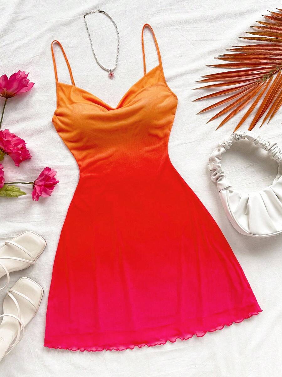 Soleia Women's Gradient Color Spaghetti Strap Draped Neck Mini Dress, Suitable For Beach, Western, Music Festival, Summer Vacation Outfit, Bohemian Sunset Dress Sunset Color Outfit Ombre Dress - Multicolor - View 1