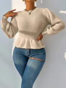 SHEIN Foxxy 女毛衣女上衣针织长袖灯笼袖白色条纹宽松朋友聚会四季秋冬女装秋季 - 卡其色 - 查看 3