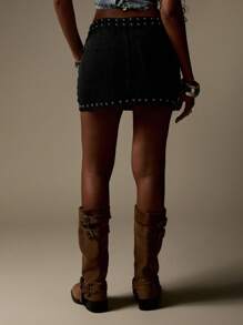 MISSGUIDED 铆钉牛仔迷你裙高腰西式迷你牛仔裙朋克摇滚时尚个性单品秋冬Y2K节派对街头风格垃圾摇滚 - 黑色 - 查看 2