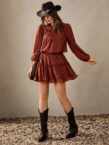 Wildy 秋季女装 波西米亚风女装 西部风女装两件套 女士纯色衬衫和荷叶边母鸡裙套装 西部女装 波西米亚风女装 荷叶边两件套 多层荷叶边两件套 荷叶边裙 荷叶边两件套 灯笼袖两件套 西部风女装休闲装 春季 - 咖啡棕 - 查看 5