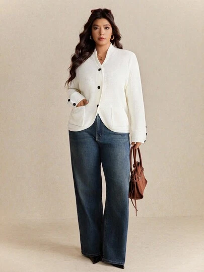 Elaquor 秋季大码女式休闲日常简约纯色单排扣开衫