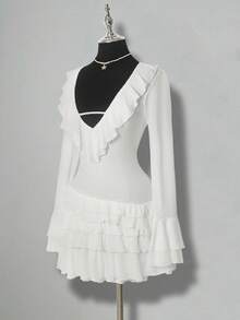 SHEIN ICON Women's Cute Sweet Girl Millennial Style Y2K Pure Desire Style Princess Banquet Dance Dress Mesh Multi-Layer Ruffle V-Neck Trumpet Sleeve Elegant White Mini Dress - White - View 4