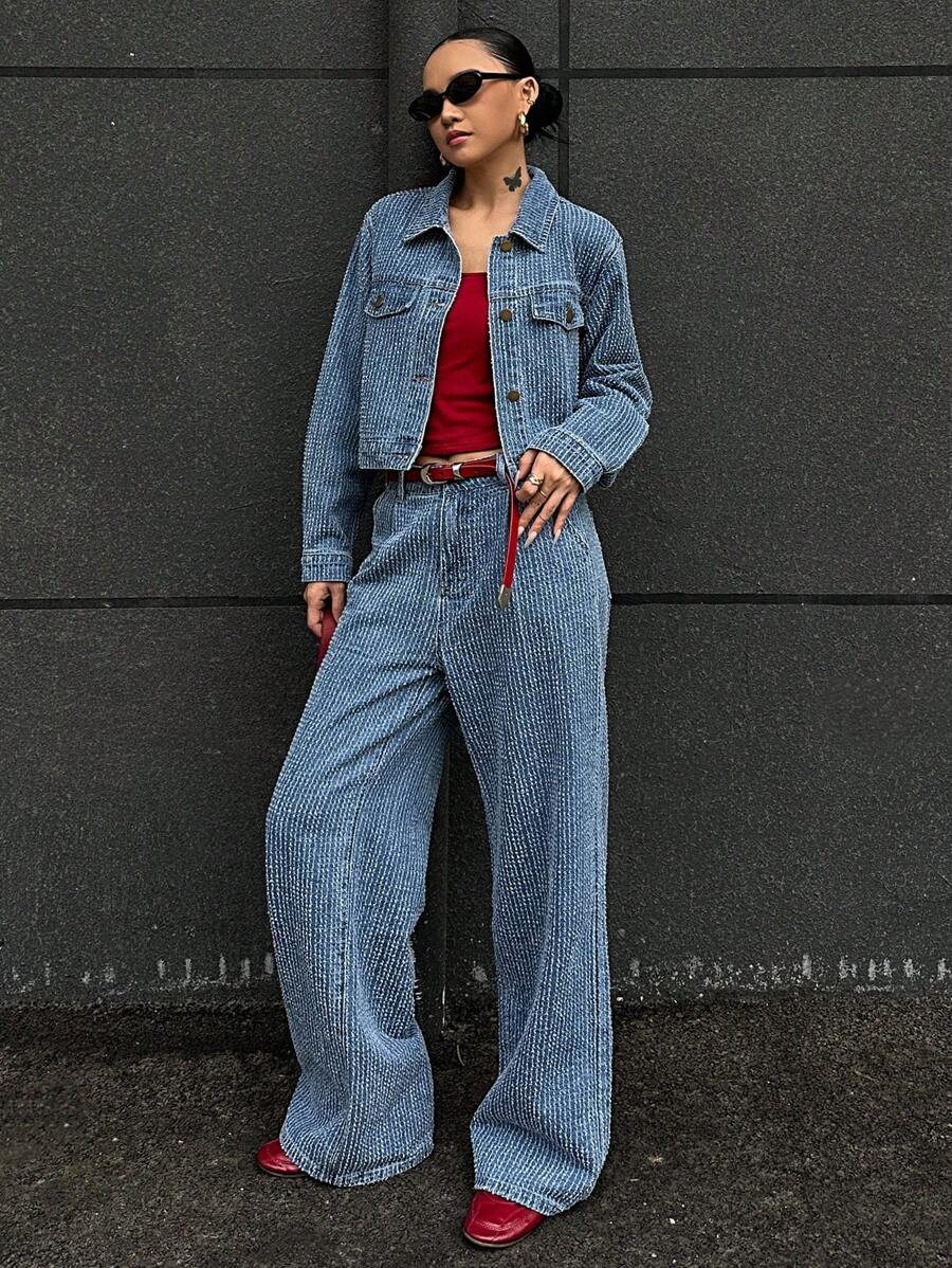 DAZY Women's Casual Textured Denim Jacket And Wide Leg Jeans Set, Autumn,Fall Women Clothes - Blue - View 1