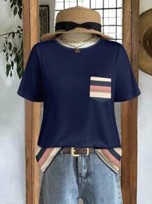 EMERY ROSE Camiseta informal de mujer talla grande con bloques de color y rayas y bolsillo, apta para el verano - Multicolor - Ver 1