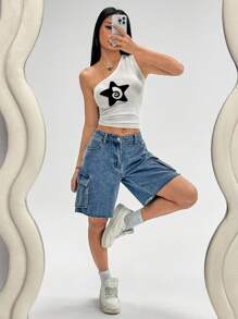 SHEIN ICON 女式纯色休闲牛仔短裤 - 淺色水洗藍 - 查看 4