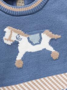 SHEIN 毛衣套装，可爱小马提花套头毛衣+新生儿连脚裤，2件套时尚休闲男婴针织套装，男婴小马毛衣套装，针织两件套，男婴两件套服装，男婴冬季服装，男婴秋季服装，男婴秋季套装