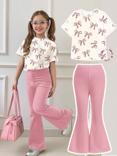 SHEIN Leap Crew 2pcs Tween Girl Casual Minimalist Pink Leopard Print Bow Decor Short Sleeve Top & Wide Leg Pants Set, Suitable For Summer
