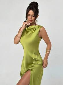 Firerie 女士优雅、浪漫、迷人的绿色缎面船领无袖纽扣装饰开衩下摆修身及地长裙，适合派对、庆典、正式场合、毕业典礼、婚礼作为宾客着装，夏季和秋季 - 綠色 - 查看 7