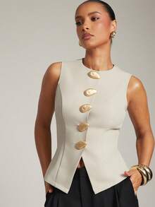 Hauture 女式纯色单排扣圆领无袖休闲上衣，配有时尚金属纽扣 - 杏色 - 查看 1