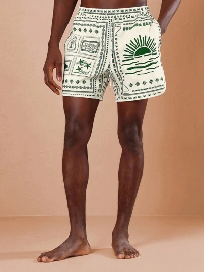 SUMWON Summer Beach Swimming Shorts With Sun Wave Print Design Drawstring Waist Lightweight Holiday Surf Board Shorts Swimwear