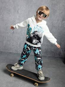 GODZILLAxKONG X SHEIN Bộ 2 chiếc/Bộ áo hoodie dài tay in chữ Monster cho bé trai và quần nỉ dáng rộng - Đen và trắng - Xem 8