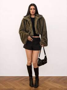 SHEIN Tall 女式复古风格前开仿毛领大衣，冬季时尚外套 - 棕色 - 查看 3