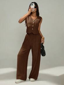 SHEIN PETITE 女装夏季休闲纯色V领无袖背心和宽松阔腿裤棕色两件套女士棕色阔腿裤 - 棕色 - 查看 3