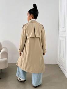 SHEIN Chaqueta larga holgada de doble botonadura con solapa de estilo casual caqui tejido para niña preadolescente, estilo militar casual, adecuada para ir al trabajo y uso al aire libre - Caqui - Ver 2