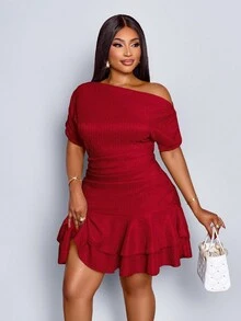 Elegant Mini Dress For Parties And Daytime Events, Featuring An Asymmetrical Neckline, Long Sleeves, Gathered Details, And A Double Ruffle, Made Of Apricot-Colored Knit Fabric For Women. - 肉桂靈感 - 查看 5