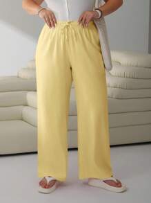 SHEIN EZwear Yellow Casual Loose Waist-Tie Plus Size Women Long Pants, Spring/Summer - Yellow - View 6