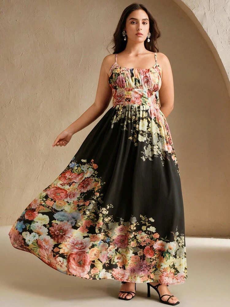 Plus Size Floral Print High Waist Slim Fit Dress