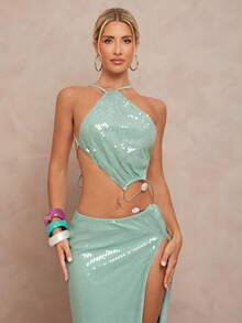 Lumalex Trang phục Thu Đông kín đáo, sang trọng, lấp lánh, thích hợp cho tiệc tùng, lễ hội, đi biển, nghỉ dưỡng, phong cách Bohemian, BOHO, ngoài trời, tiệc cưới nhiều lớp, lễ trưởng thành, bãi biển, ven biển, đính sequin, hở lưng, xẻ cao với eo khoét kim loại dành cho nữ, dạ hội sang trọng, Giáng sinh và Năm mới. - Màu xanh bạc hà - Xem 4