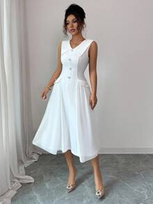 Rafferiza Women's Solid Color Faux Pearl Button Design Sleeveless Elegant Dress - White - View 5