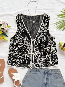 Soleia Plus Size Women Green Knitted Jacquard White Embroidered V-Neck Open Front Tie-Waist Sleeveless Vest Cardigan