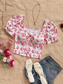 Soleia 大码女式浪漫花卉印花甜心领泡泡袖荷叶边系带上衣 - 彩色 - 查看 4