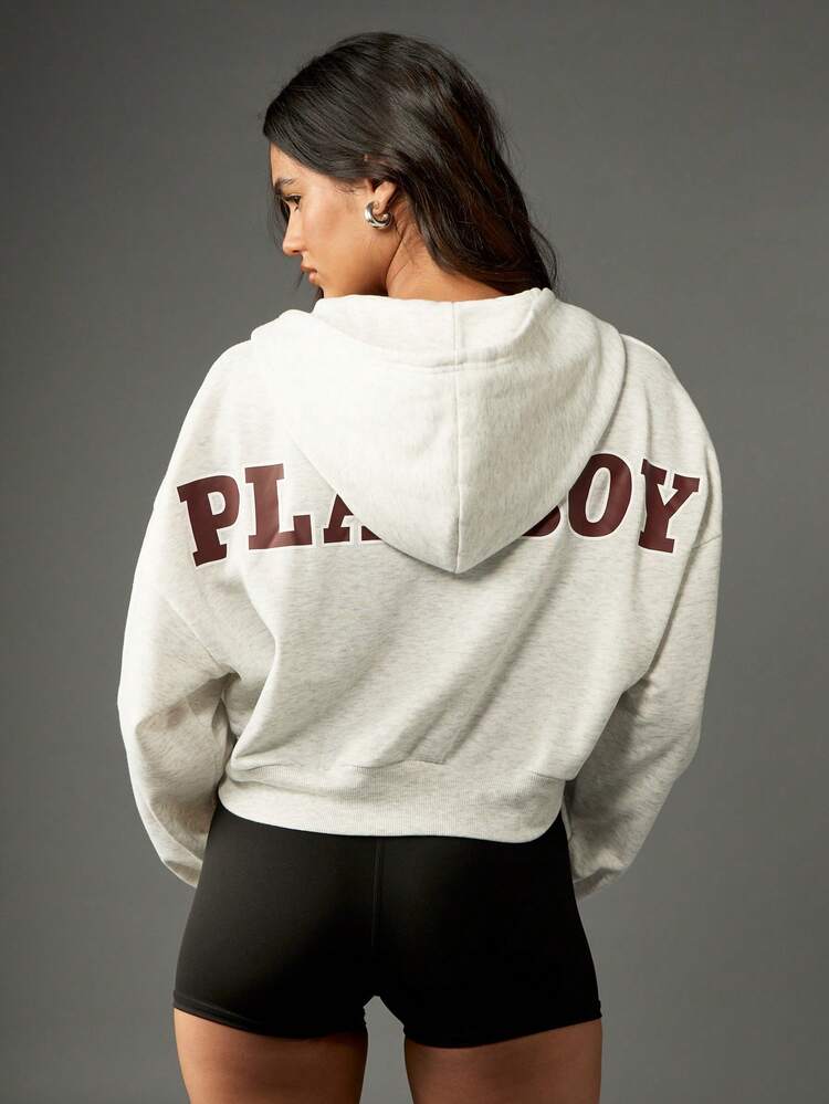 Missguided x Playboy Oversized Varsity Style Cropped Zip Up Hoodie College Letter Print Drawstring Casual Loungewear Fall Winter Spring Streetwear Athleisure