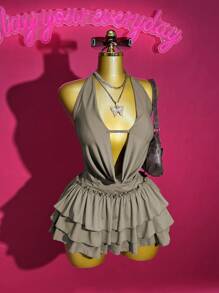 Slaydiva 2 Pieces Set: Sleeveless V-Neck Halter Top + Ruffled Mini Skirt With Bow Decoration, Chic Streetwear Outfit, Suitable For Music Festival, Easter, Graduation Season, Casual Wear, 2025 Spring/Summer New Arrival - Khaki - View 8