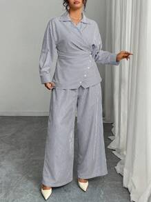 Modelyn Plus Size Woven Striped Long Sleeve Tie-Front 2 Pieces Set Fall Cloth For Women - Navy Blue - View 4