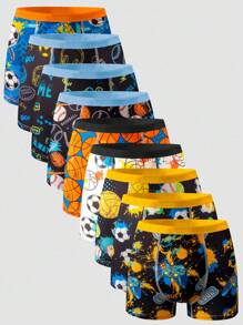 9件套男童图案印花内衣套装，包含足球、篮球、滑板、游戏机图案，复古街头风格，适合外穿