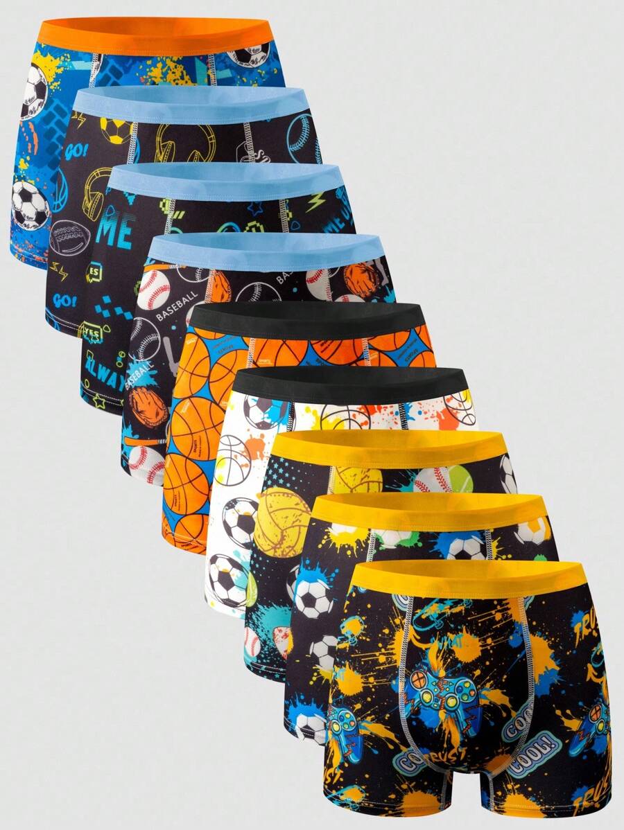 9件套男童图案印花内衣套装，包含足球、篮球、滑板、游戏机图案，复古街头风格，适合外穿