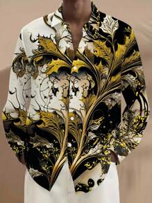Manfinity AFTRDRK 男士复古花卉图案印花长袖衬衫，适合春秋季节，休闲舒适衬衫可作为礼物，男士真丝衬衫，男士奢华衬衫，男士设计师衬衫，黑色和金色正装衬衫。送给男朋友或丈夫的绝佳礼物。 - 彩色 - 查看 3