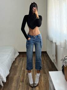 StreetHx 低腰牛仔七分裤，带口袋 - 中等水洗藍 - 查看 2