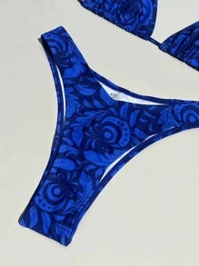 SHEIN Swim 夏季沙灘女性度假植物印花領口頸帶比基尼套裝 - 彩色 - 查看 4