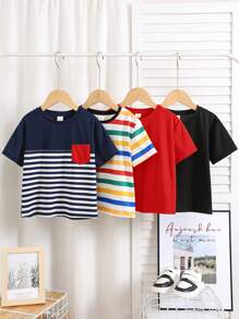 SHEIN 3+1 4 buc/set tricou bebeluși băieți/fete, confortabil, versatil, casual, cu dungi, mânecă scurtă, cu buzunar, potrivit pentru interior, exterior, zi de zi, sport, joacă, petrecere, fotografie, vacanță, primăvară/vară tricou bebeluși băieți tricou cu dungi tricou bebeluși băieți tricou de vară bebeluși băieți - Multicolor - Vizualizare 3