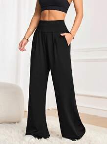 Dewbera Quần tập yoga ống loe rộng rãi có túi dành cho nữ, quần chạy bộ thể dục ngoài trời màu trơn thường ngày - màu đen - Xem 4