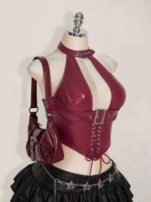 SHEIN ICON Top de tirantes con decoración de ojetes y cordones en la espalda de piel sintética, estilo gótico Y2K para mujer de talla grande - Burdeos - Ver 10