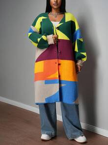 Slaydiva 大码休闲撞色拼接开衫，秋冬彩色长款开衫毛衣，彩虹色针织衫 - 彩色 - 查看 3