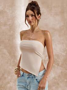 SHEIN BAE Aprikot einfarbiges ärmelloses Schlitz-Top, minimalistisches elegantes Bandeau-Top für Frauen, Frühling/Sommer - Aprikosenfarben - Übersicht 4