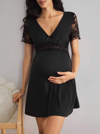 舒适弹力简约蕾丝短袖睡袍，孕妇家居服