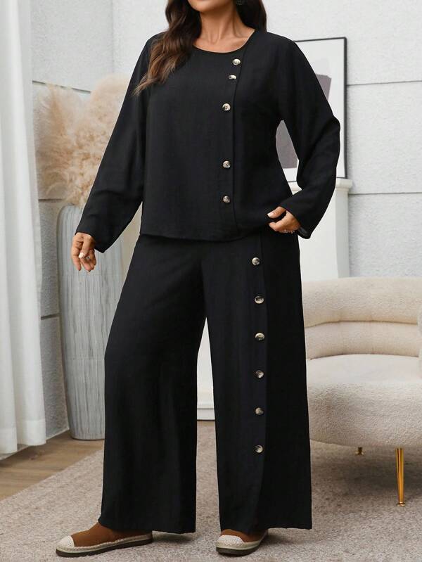 EMERY ROSE 2 Pieces Set Women Plus Size  Autumn /Winter  Daily Casual  Button Decor Black Round Neck Long Sleeve Shirt And Pants Set,Fall,Winter Clothes For Women,Going Out Outfits,Fall Clothes For Women,Fall Outfits,2025 New Clothes,Casual Everyday Wear, Plus Size Pants Suit,2025 New Clothes