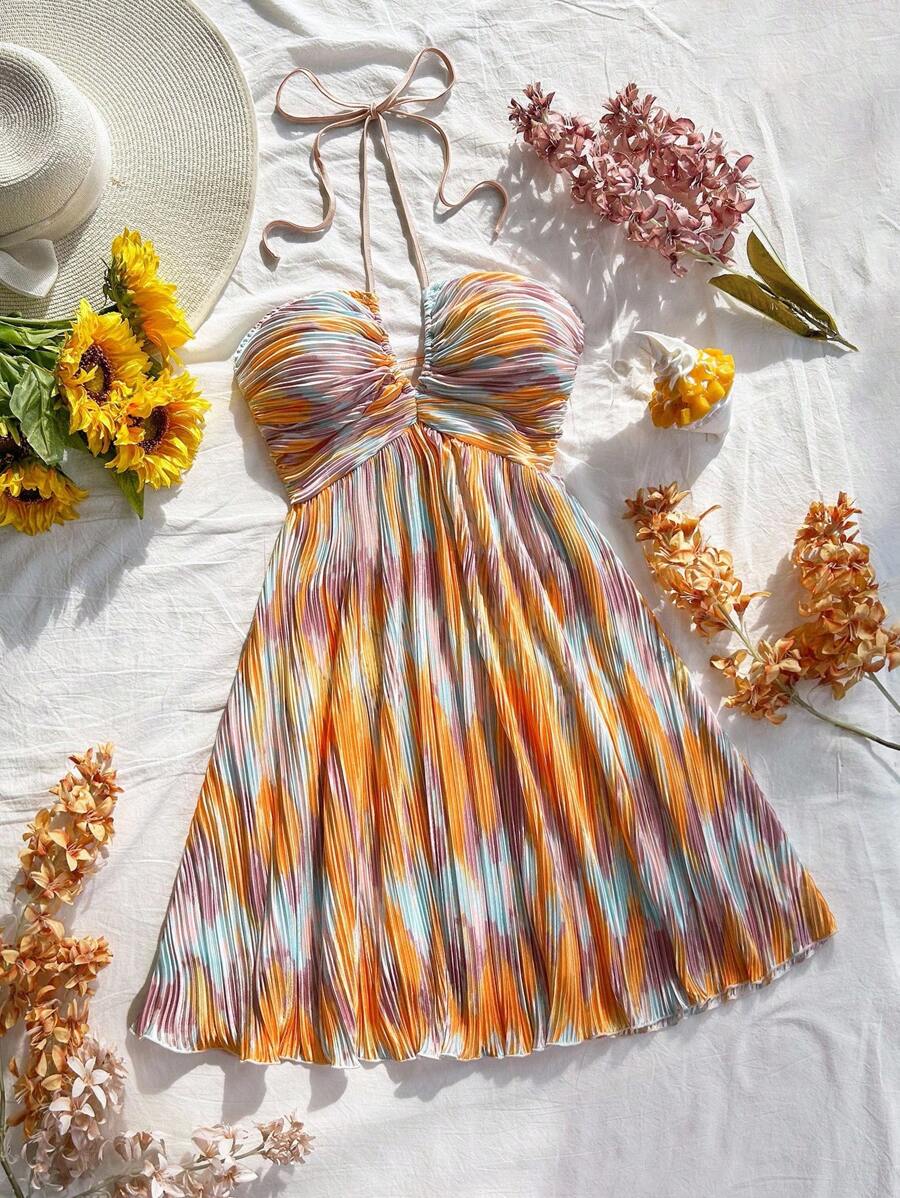 Soleia 女士度假风格渐变色褶皱花卉印花 A 字形系带飘逸露背蝴蝶结迷你连衣裙，性感，适合婚礼季节、下午茶、派对、情人节约会