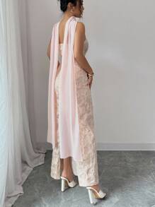 Elenzga Women's Elegant Romantic Pink & Gold Floral Jacquard Fabric Strapless Waist-Cinched Straight Hem Dress With Neck Tie, Suitable For Dates, Shopping, Music Festivals And More, Spring/Summer - Pink - View 2