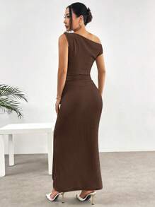 SHEIN EZwear 夏季针织提花金属扣装饰不对称肩长连衣裙 - 棕色 - 查看 3