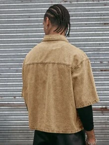 AXEPEAK 翻领短袖宽松短款印花男士衬衫 - 棕色 - 查看 2