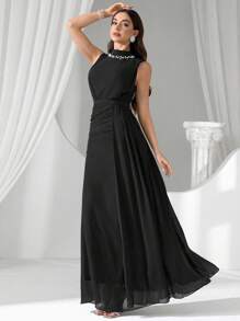 Coutiva 奢华晚礼服，亮片和珍珠领，高端优雅派对礼服 - 黑色 - 查看 4